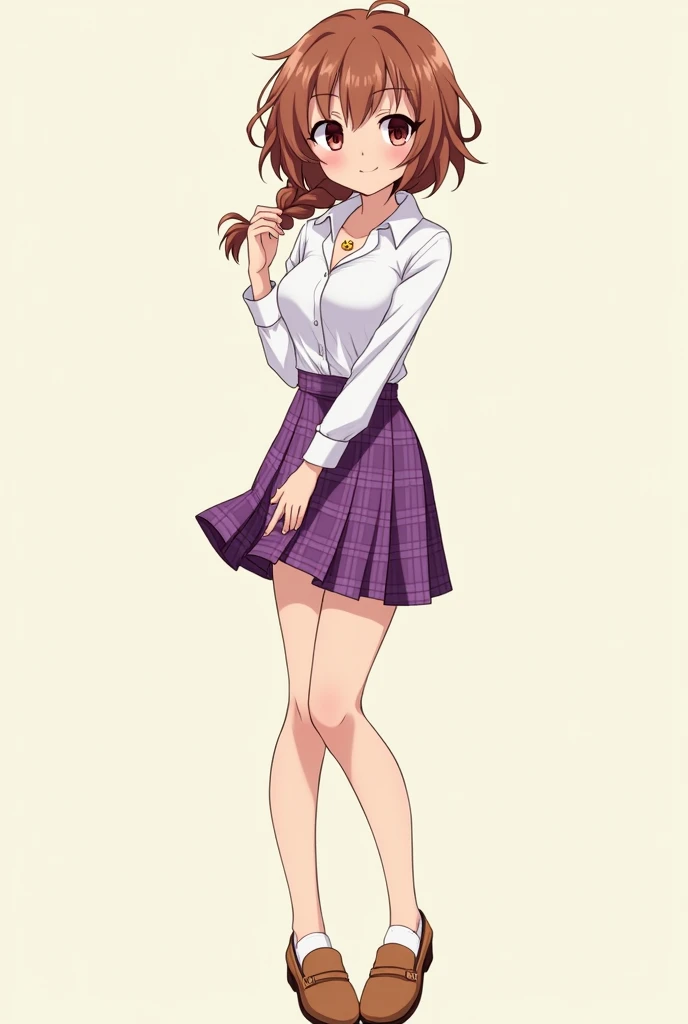 Une lycéenne d'anime aux cheveux châtains, très frisés, coiffés en tresse, vêtue d'une chemise blanche et d'une jupe à carreaux violette. Elle a une toute poitrine, elle est très mince et mâte de peau. Elle porte des mocassins marron crème. Elle se tient droite, elle est de profil. Elle porte un collier en forme de tête de chat. Elle a un sourire espiègle et un regard coquin.