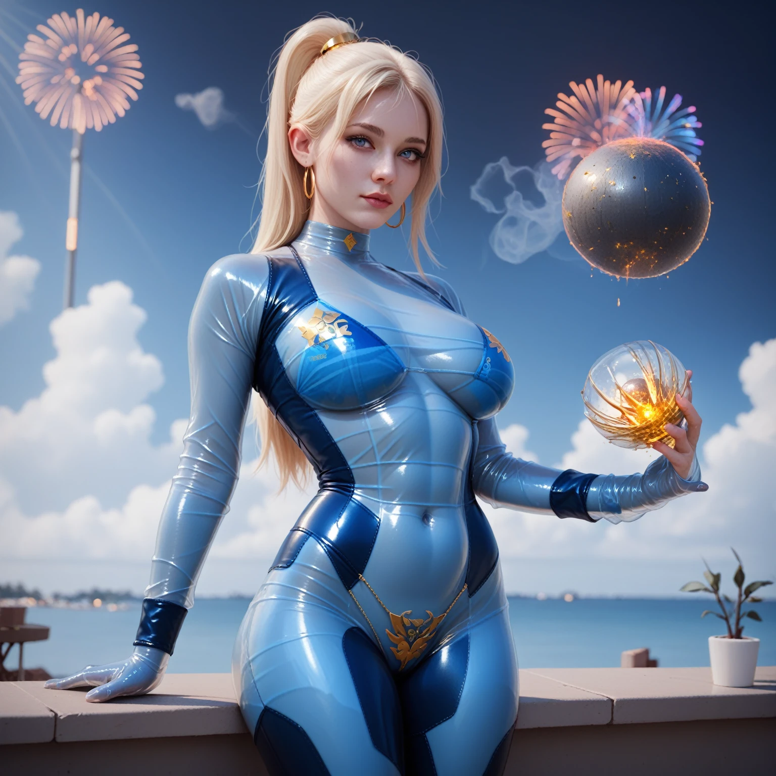 yellow gold iron bikini translucent plastic jumpsuit and white yellow gold iron latex bikini, fireballs exploding in the air colored smoke and neon rays