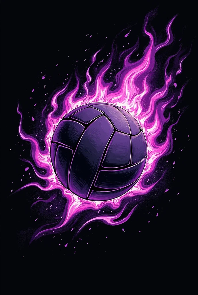 A hand drawn drawing of a volleyball on fire in purple and black, now put this design on a black t-shirt with a number in the upper left corner