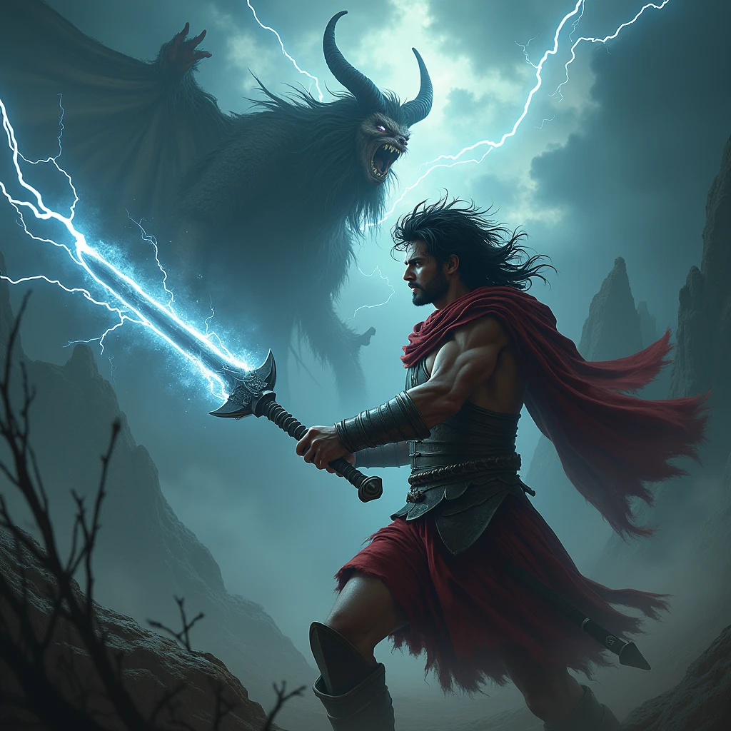 A young Roman with a scary dark face and long hair and the power of thunder thundering a legendary demon.
