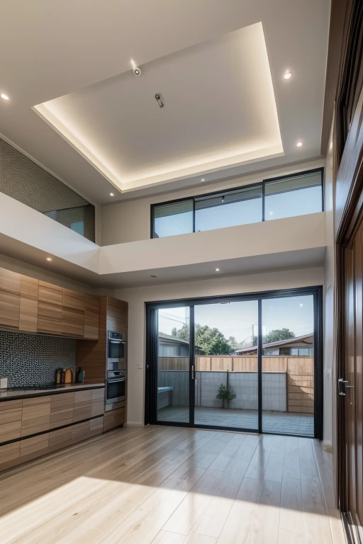 modern residential house with ceiling, good cost benefit. rendered image, realisitic. show: hall, kitchen, integrated hatar room. General image of the house.