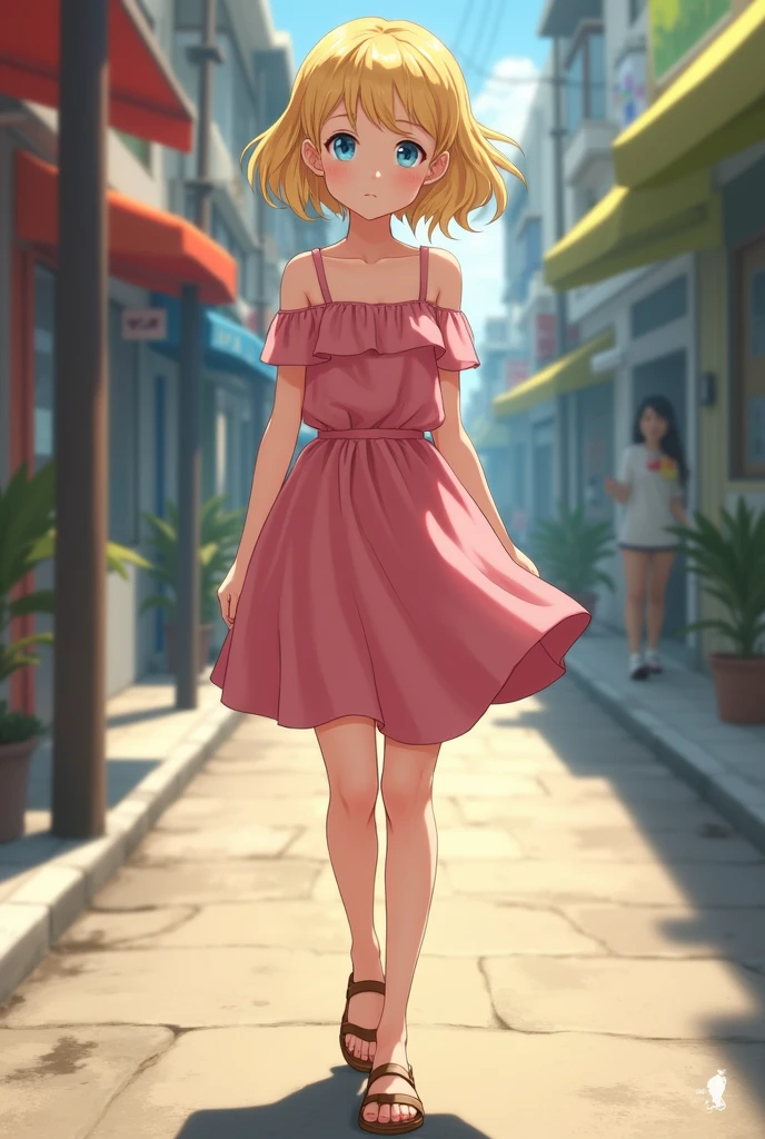Levely, a girl, blonde, short hair
neck height, tall blue eyes, wears a pink dress with shoulder straps walking down the street with sandals, full body, frontal view, Close-up, realistic