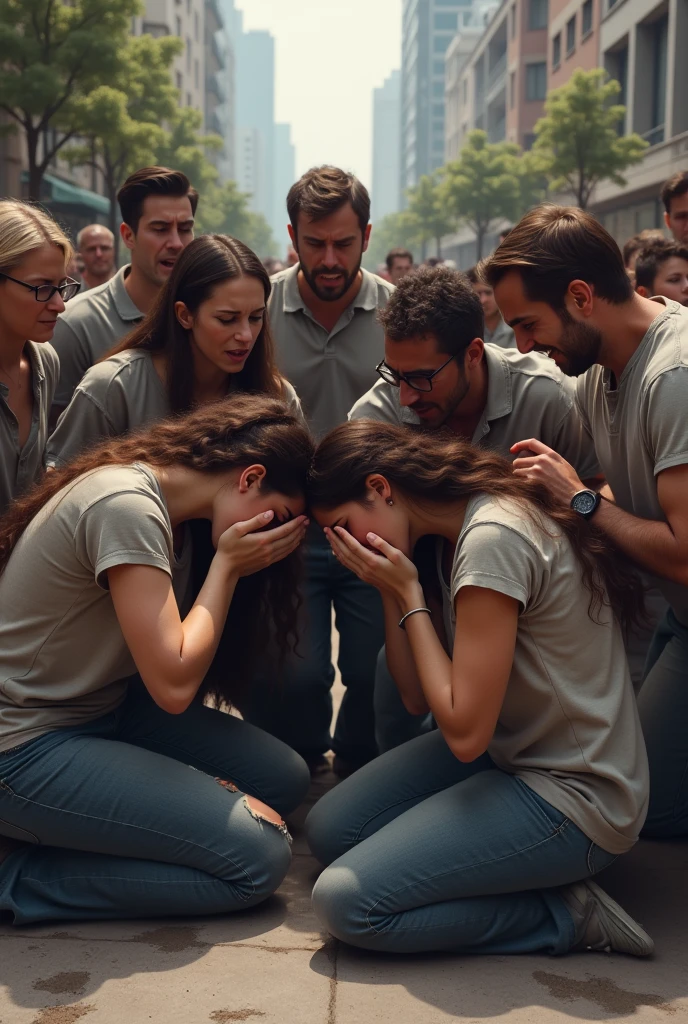 Create a group of casually dressed men and women crying and distressed in a city square with their hands on their heads and others kneeling