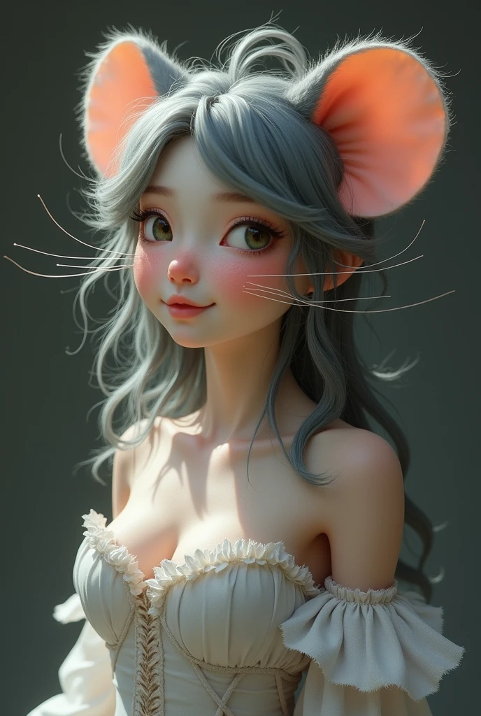 one girl, mice ears, , pure, cute naked, topless, a Woman mice mix, human Body, big tits, furry and skin, hairy nose , whiskers big eyes, Grey fur, Cat eyes, hybride 30 %mice an 70 % human, face mostly woman