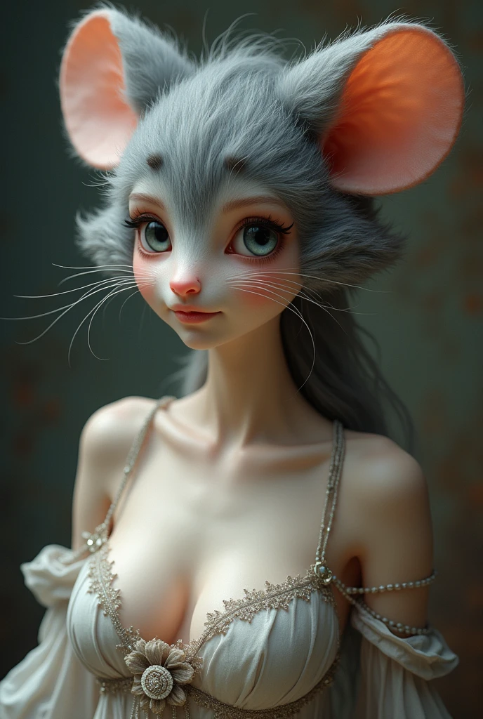 one girl, mice ears, , pure, cute naked, topless, a Woman mice mix, human Body, big tits, furry and skin, hairy nose , whiskers big eyes, Grey fur, Cat eyes, hybride 30 %mice an 70 % human, face mostly woman
