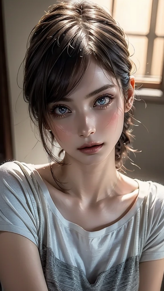 Dressed, (photo Realistic:1.4), (hyper Realistic:1.4), (Realistic:1.3),, (Smoother lighting:1.05), (Improving the lighting quality of movies:0.9), 32K,, One girl,20 years old, Realistic lighting, Backlight, Light on the face, Ray-tracing, (Bright light:1.2), (Improvement of quality:1.4),, (Highest Quality Real Texture Skins:1.4), Detailed drawn eyes, Detailed painted face, Quality Eyes,, (Tired, sleepy and satisfied:0.0), Face close-up, T-Shirts,, (Enhance the mood of your body line:1.1), (Enhances the beauty of skin texture:1.1)