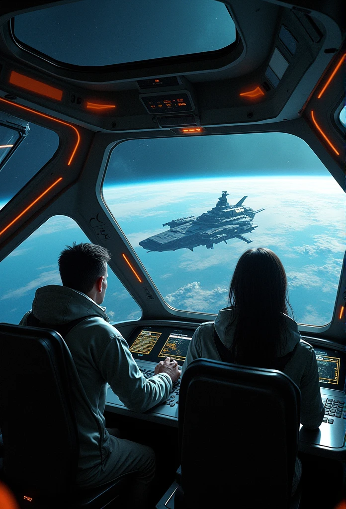 space ship、flight deck、Earth outside the window、Two pilots、battleship、Schrovetti、mirai、A cinematic scene,The lens goes from the outside to the inside