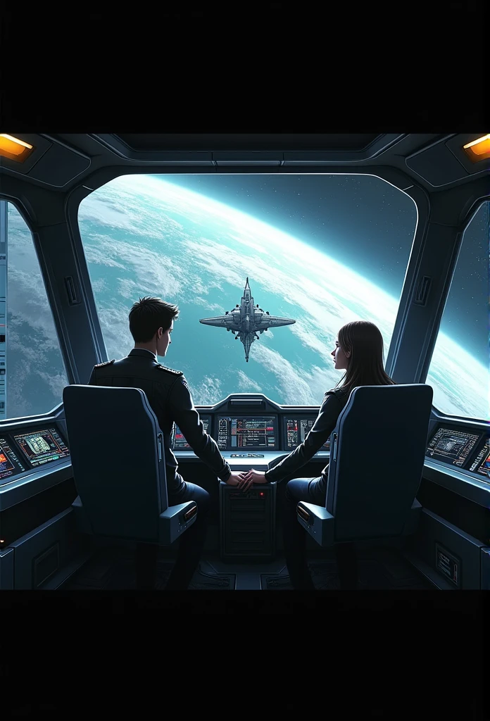 space ship、flight deck、Earth outside the window、Two pilots、battleship、Schrovetti、mirai、A cinematic scene,The lens goes from the outside to the inside