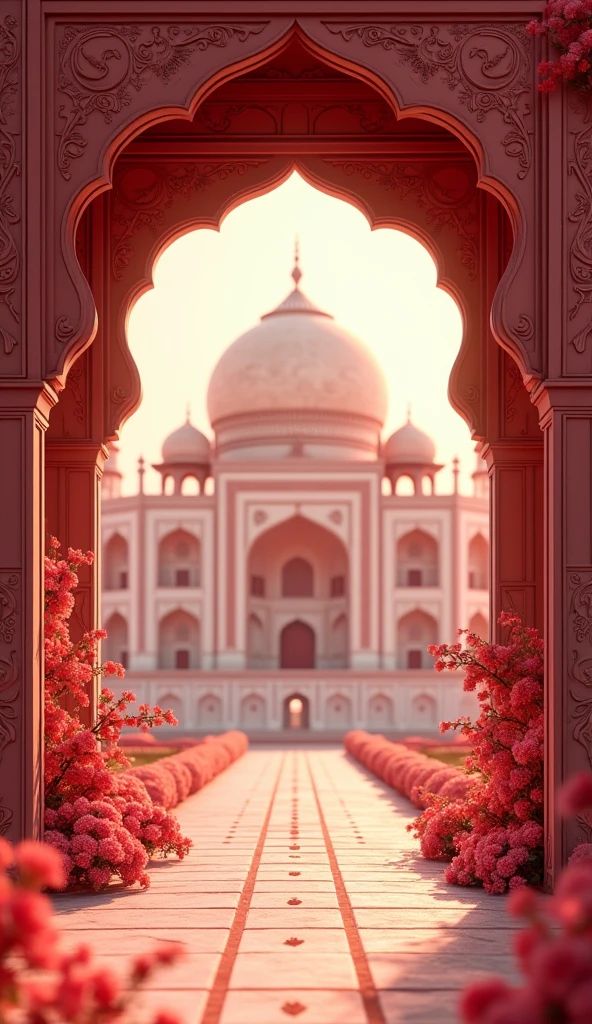 Create me a template of wedding card with theme of Mughal garden with arch and tomb with a touch of roses and reds with empty space in between for text. And make it in a pdf animation
