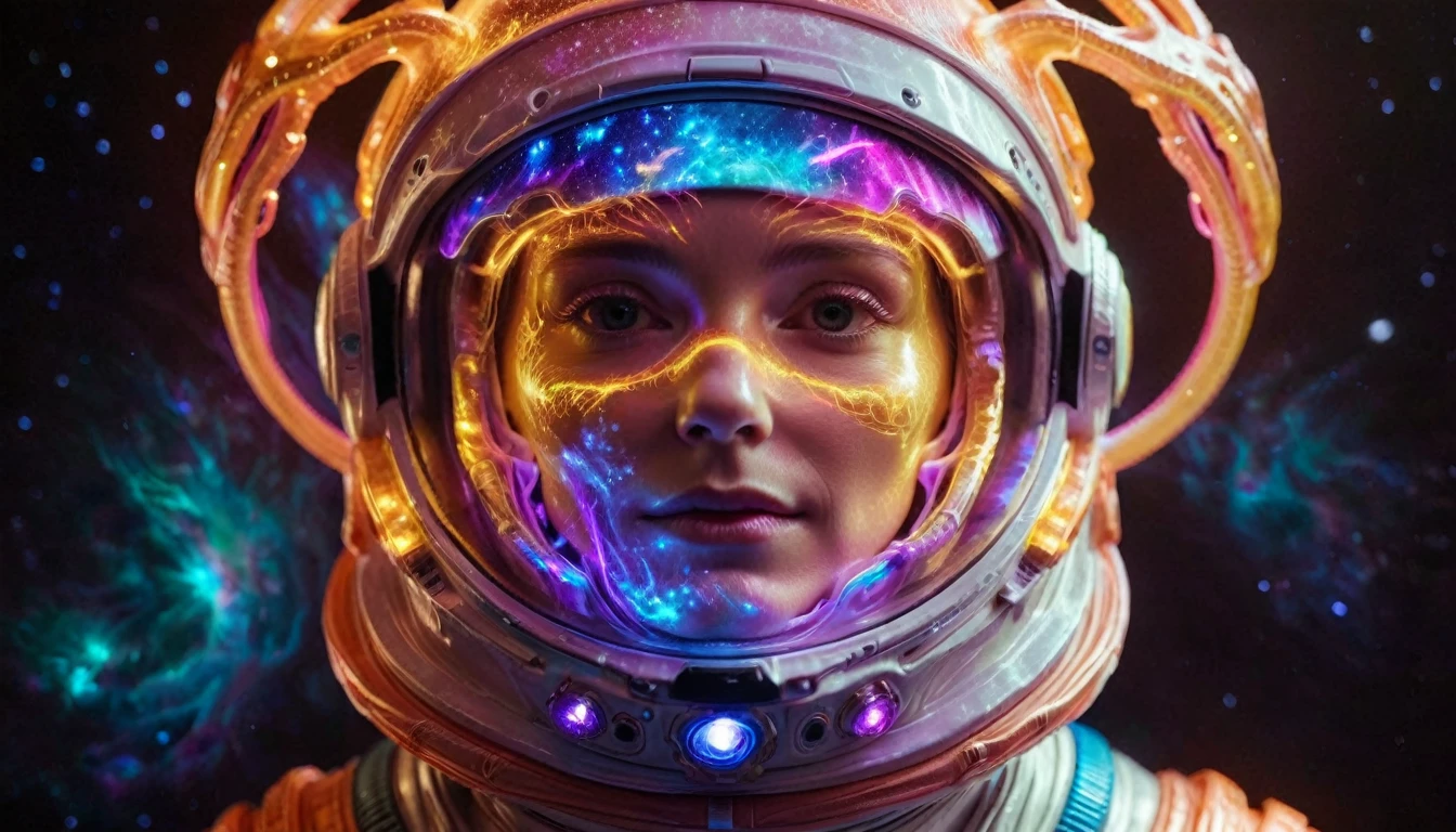 a close-up photo of an female astronaut in a glowing suit made of plasma, as if the galaxy is inside of it, putting on their helmet, but you can hardly see the face because of the visors bright plasma light, realistic, film stock, bright colors.