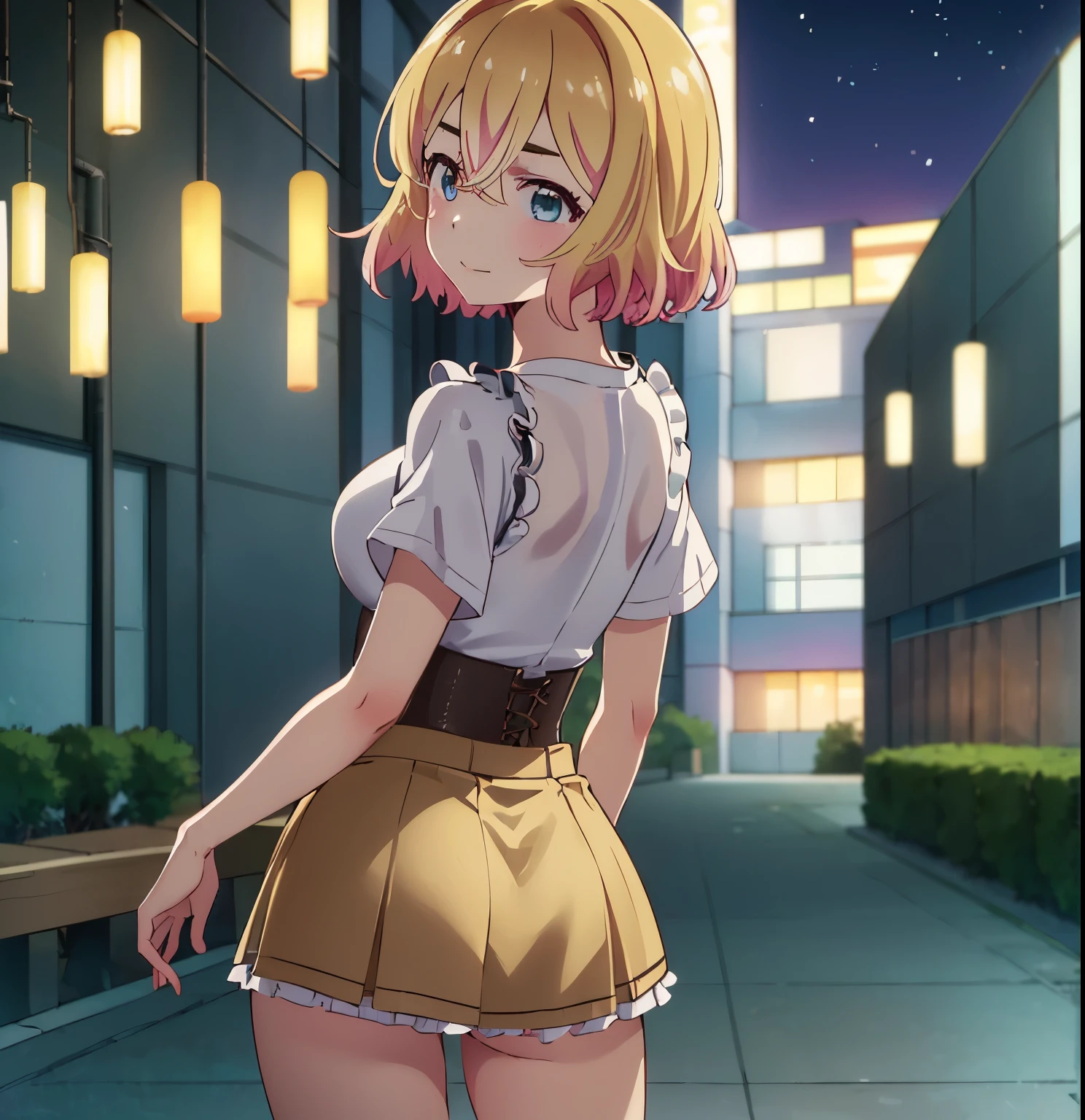 ((1girl)),((alone)), mami nanami, ultra detailed, sharp focus, detailed background, detailed eyes, masterpiece, dynamic posture, curvy body, perfect fingers, cowboy shot, hands on waist, looking at spectator, short hair, aqua eyes, blonde hair, hair between the eyes, medium breasts, narrow waist, wide hips, wide thighs, round butt,((brown skirt with beige details, short skirt, shirt, collarbone, white shirt, cleavage ,short sleeves, green ruffles, brown loafers, socks, white socks, corset)), ((solo)),((standing:1.3, outdoors, cityscape, Japanese city, good lighting, mild climate)), sideways, blush, seductive expression, smile ,mouth closed, dutch angle, looking back, from behind,((focus on butt:1.4)),pov(from middle), perfect anatomy,perfect hands