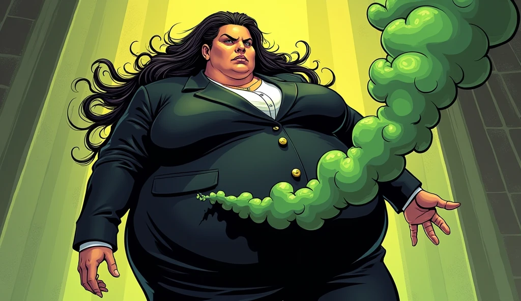 beautiful long haired morbidly obese female mob boss, her outfit is a black mobster suit, she is farting and olive green stench comes out of her bottom, comic artstyle