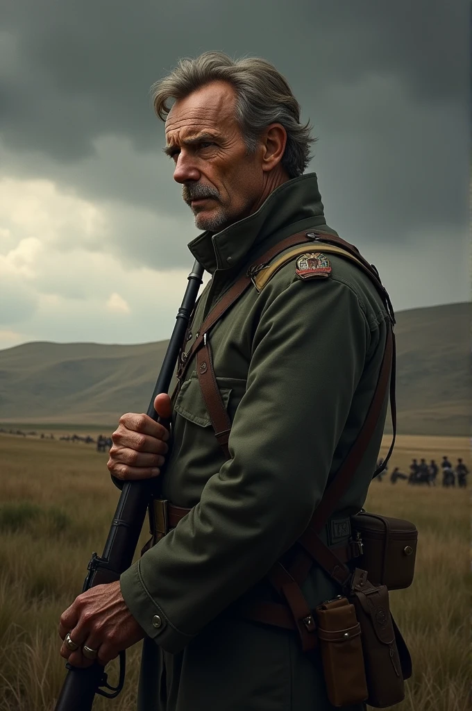 soldado de mediana edad, in a post-apocalyptic age, with dirt on the face and accumulated tiredness after the battle