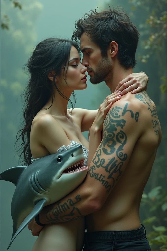 Woman with a shark on her arm. Man with a tattoo that says “Bell”, hugged