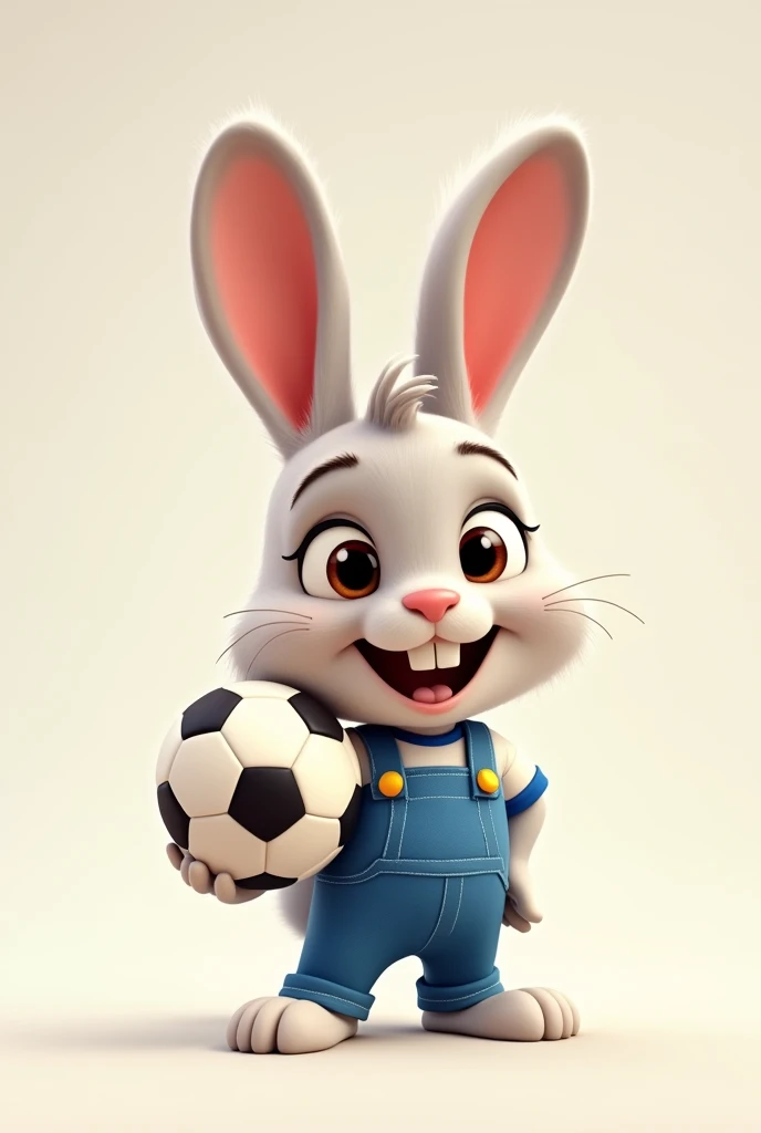 An animated rabbit wearing a white t-shirt with blue trim and blue overalls with a soccer ball