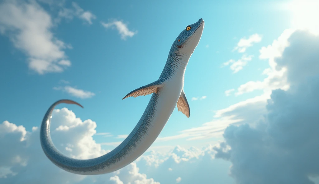 Photorealistic、Ultra HD、An eel is flying in the sky facing up、There is an arrow pointing up