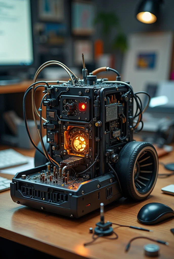 A medium shot of the half-assembled machine on John’s desk. The machine is a complex, futuristic-looking device with various wires and components exposed. The camera angle highlights the machine's intricate design, suggesting its potential significance and the dedication John has put into it.