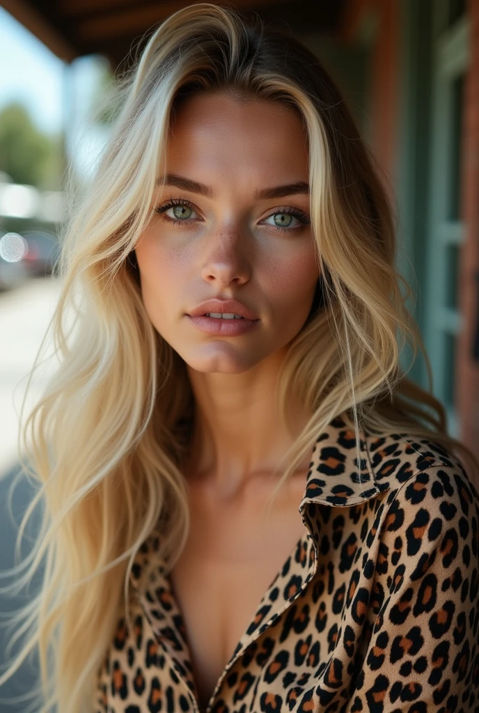 ((best quality)), ((masterpiece)), (detailed), 1 girl, woman; realistic; leopard shirt; blond hair; green eyes; close up; 20 years old ; ultra realistic; real woman; phone picture: instagram picture, distant photo