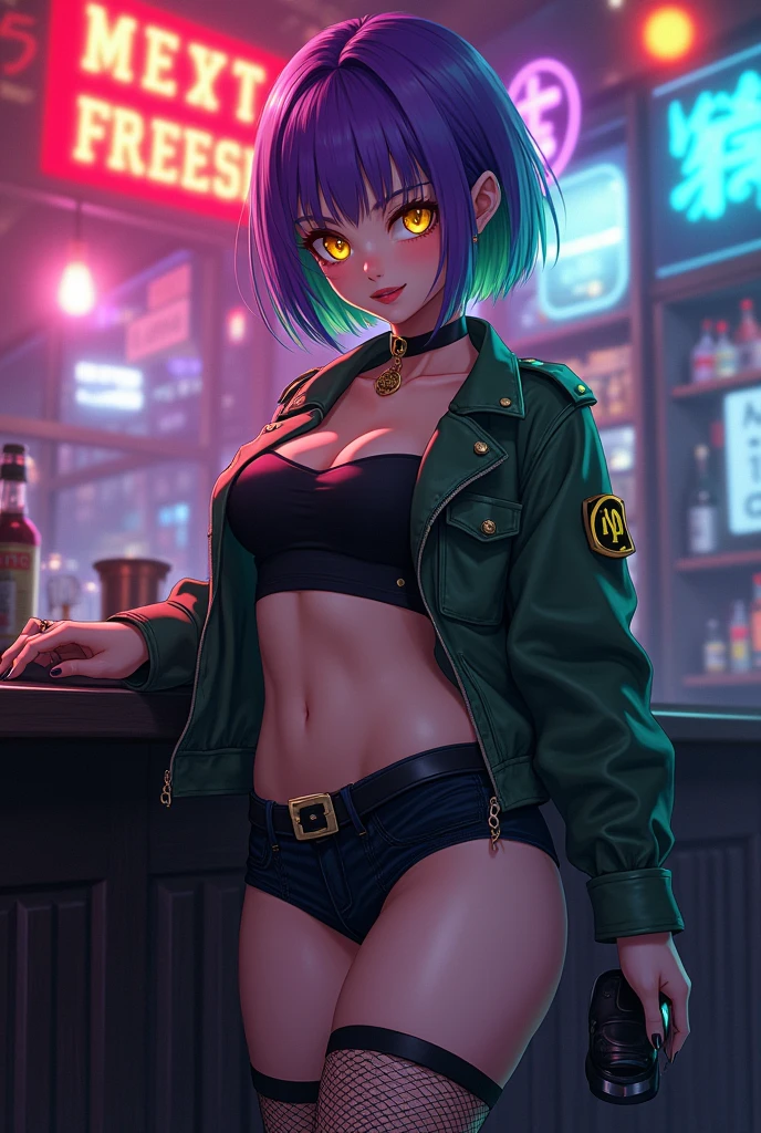 Maximum image quality, outstanding details, anime style, ultra high resolution, (Realism: 1.4), the best illustration, favor details, 1 very condensed girl, with a delicate and beautiful face, confident expression, purple and green hair with bob cut, wearing military jacket, black top, Short shorts, fishnet stockings, high heel boots, round yellow lenses, sharp teeth, big breasts, defined waist and wide thighs, in a bar at night, neon lights lighting.