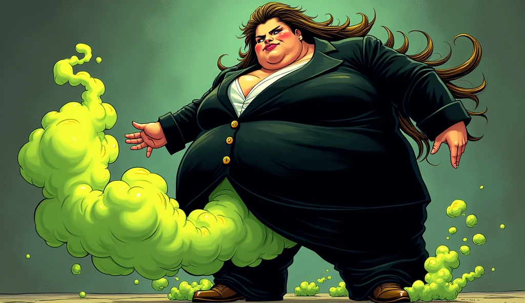 beautiful long haired morbidly obese female mob boss, her outfit is a black mobster suit, she is farting and olive green stench comes out of her bottom, comic artstyle
