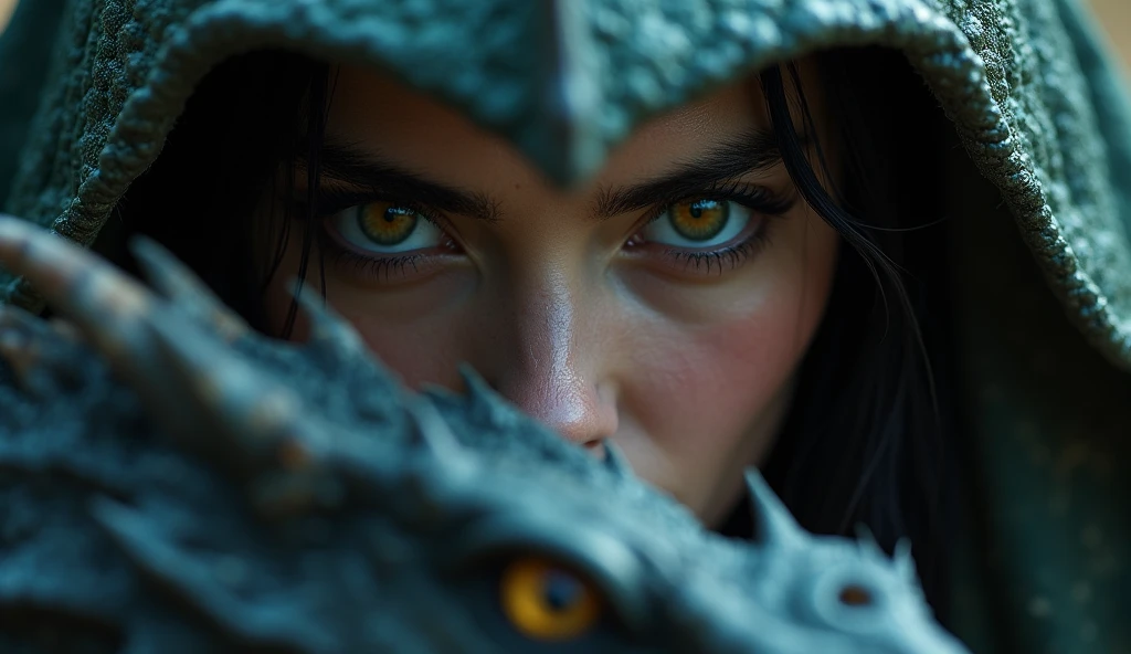 Dragon slayer spying zoomed in on hidden dragon movements, highly detailed portrait, beautiful and detailed eyes, beautiful and detailed lips, extremely detailed face, long eyelashes, dramatic lighting, fantasy art, cinematic composition, dramatic colours, moody atmosphere, photorealistic, 8k, best quality, masterpiece