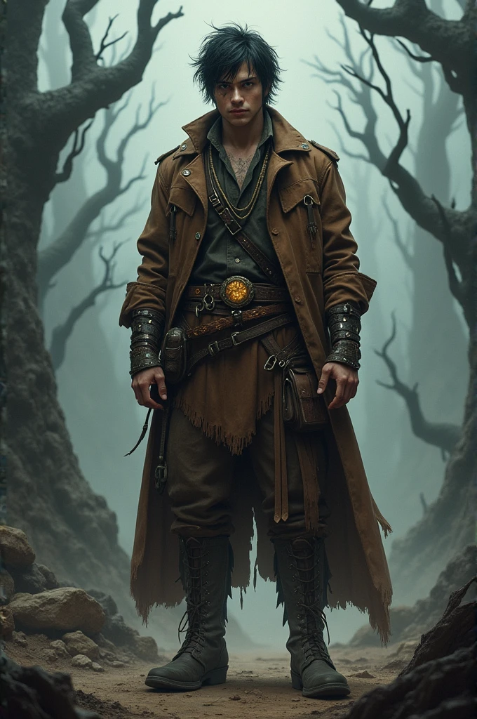 Create a Character with Cowboy Clothes, black hair and golden eyes RPG dark Fantasy 