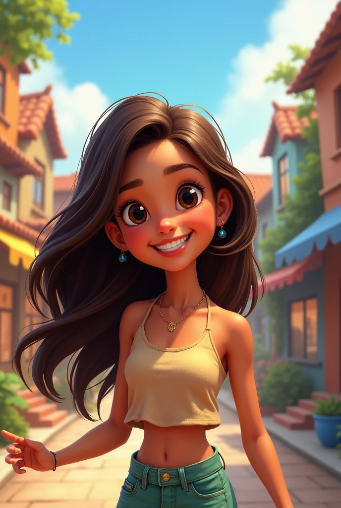 A cartoon character with long dark brown hair, brown skin and a smile