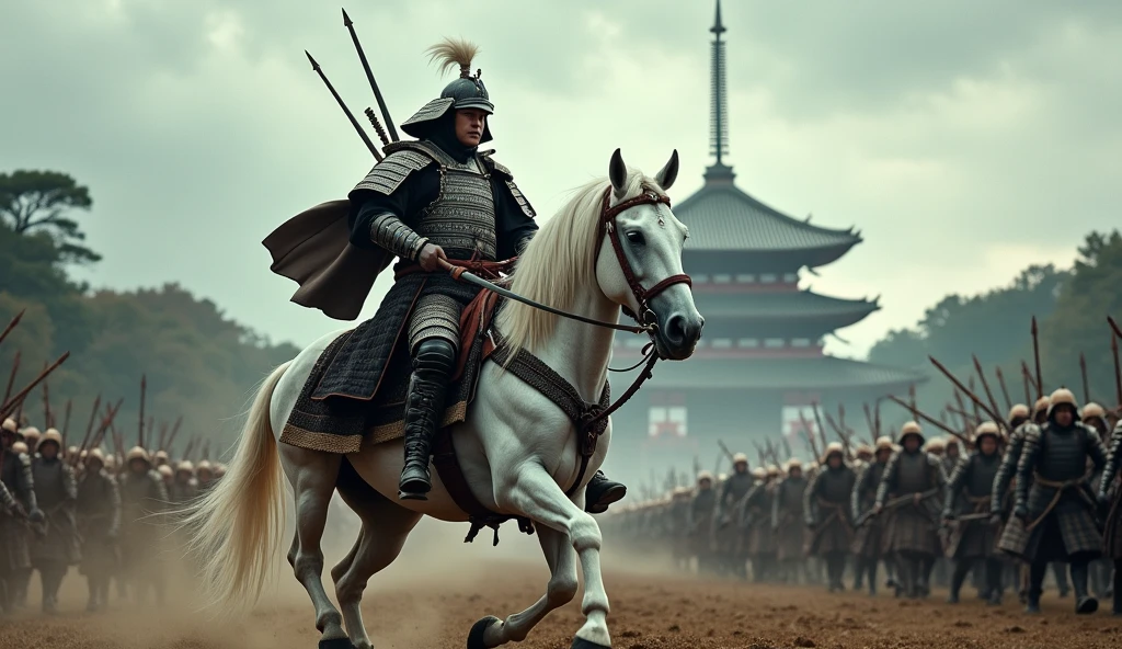 Japanese samurai Oda Nobunaga carrying a long Japanese sword on his shoulder、Beautiful samurai helmet, Samurai Armor, Samurai shin guards, Samurai Armguard, He carries a bow and quiver on his back, And lots of blood,He is riding a powerful white horse through the battlefield., Gunfire is raging all around him., And the enemy&#39;s arrows rain down, Before him are hordes of enemies, evil samurai, Very rough weather photographed from the air々Amazing and spectacular photos, Drone photography, Dynamic pose, At Honnoji Temple in Japan、Shooting from the back、long distance shot
