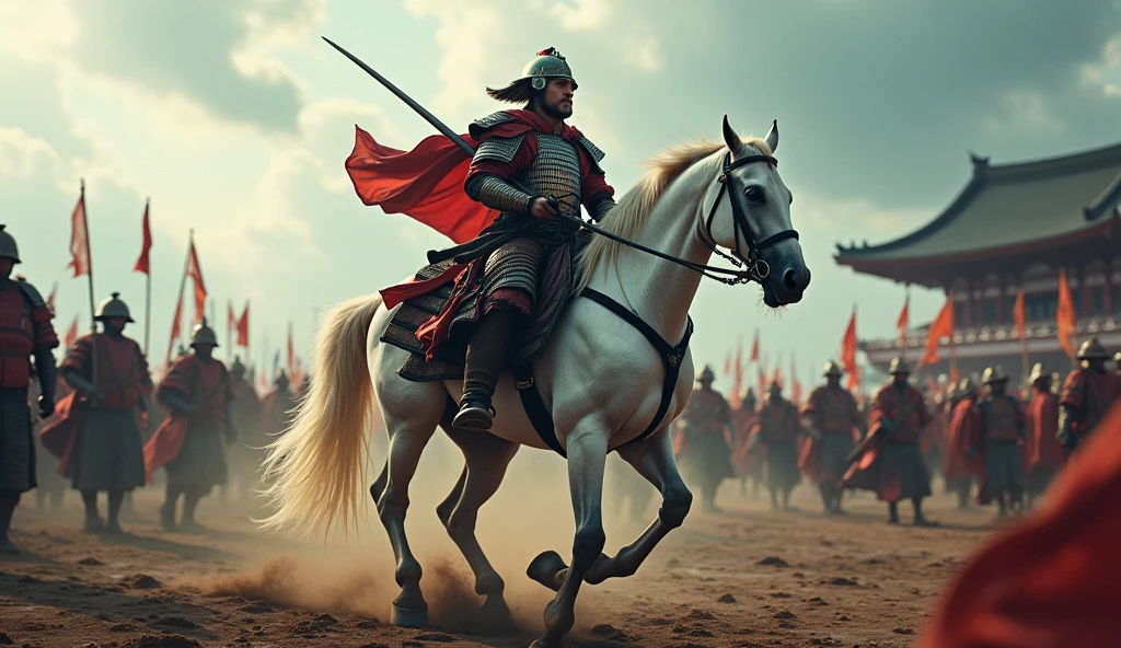 Japanese samurai Oda Nobunaga carrying a long Japanese sword on his shoulder、Beautiful samurai helmet, Samurai Armor, Samurai shin guards, Samurai Armguard, He carries a bow and quiver on his back, And lots of blood,He is riding a powerful white horse through the battlefield., Gunfire is raging all around him., And the enemy's arrows rain down, Before him are hordes of enemies, evil samurai, Very rough weather photographed from the air々Amazing and spectacular photos, Drone photography, Dynamic pose, At Honnoji Temple in Japan、Shooting from the back、long distance shot