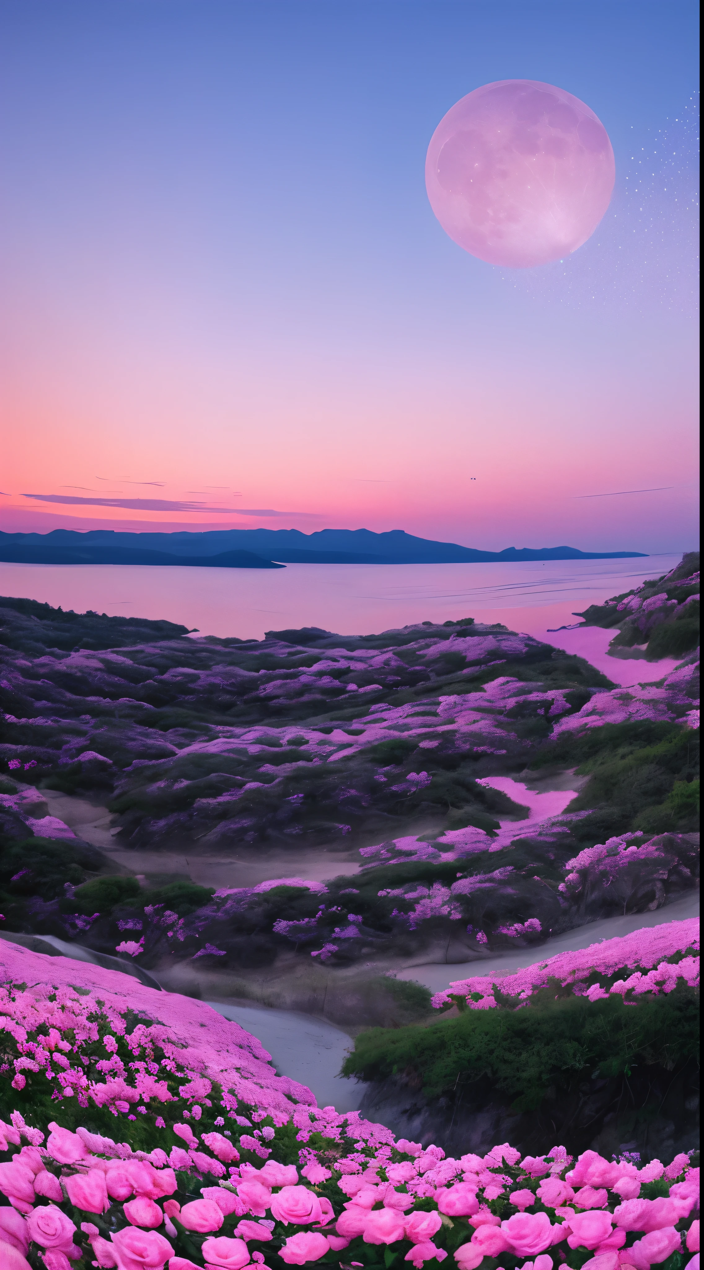 Pink moon, pink sky, soft pink clouds, pink ocean waves sparkling, sparkling, pink roses on pink ocean, fantasy, diamond, crown, universe, soft lights,Heart Cloud Realistic、Real、high resolution、Panorama、Wide angle