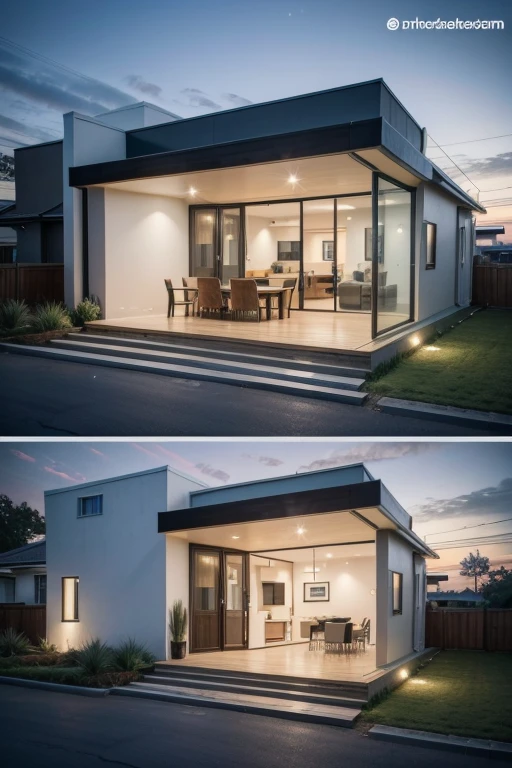 modern residential house with ceiling, good cost benefit. rendered image, realisitic. show: gourmet area. General image of the house.
