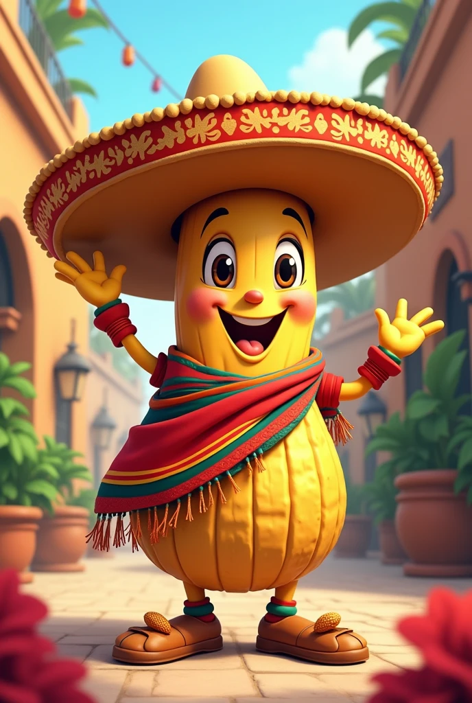 Cartoon peanut with Mexican clothes
