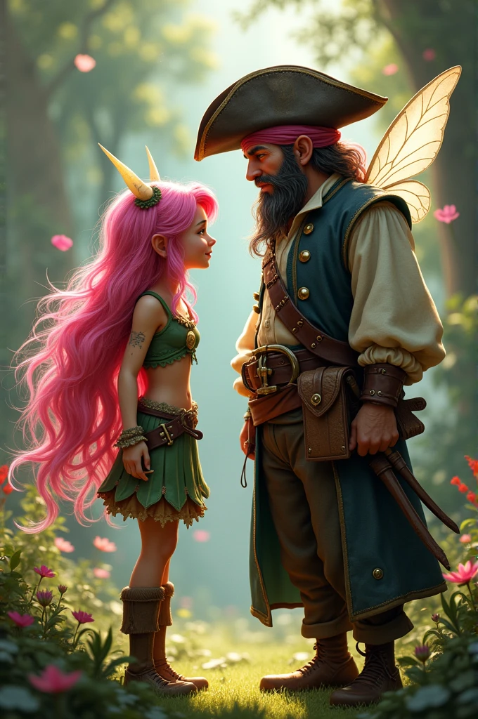 A pirate and a pink-haired fairy bonding