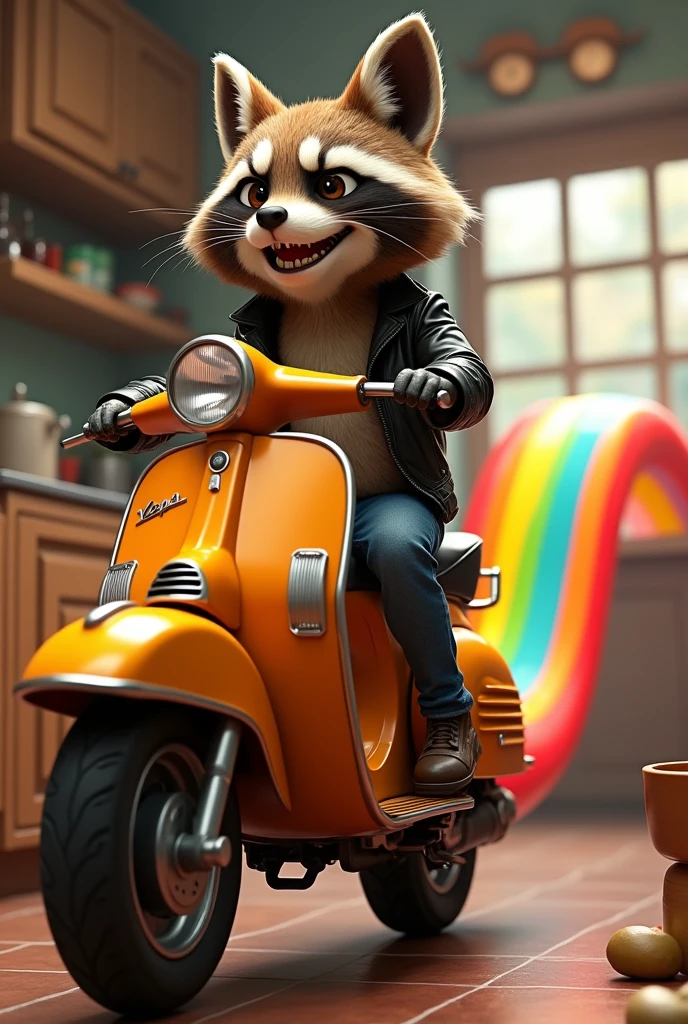 Generate the image of a half raccoon half fox animal, called Kuzco who rides a Vespa motorcycle that gives off a rainbow path, He is wearing a leather jacket and is in a kitchen cooking rice.
