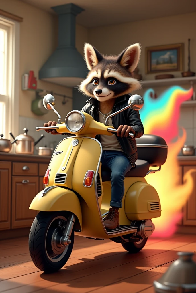Generate the image of a half raccoon half fox animal, called Kuzco who rides a Vespa motorcycle that gives off a rainbow path, He is wearing a leather jacket and is in a kitchen cooking rice.
