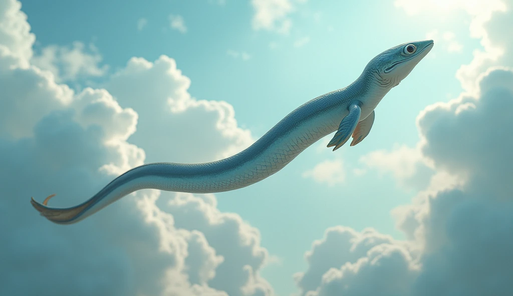 Photorealistic、Ultra HD、An eel is flying in the sky facing up、There is an arrow pointing up