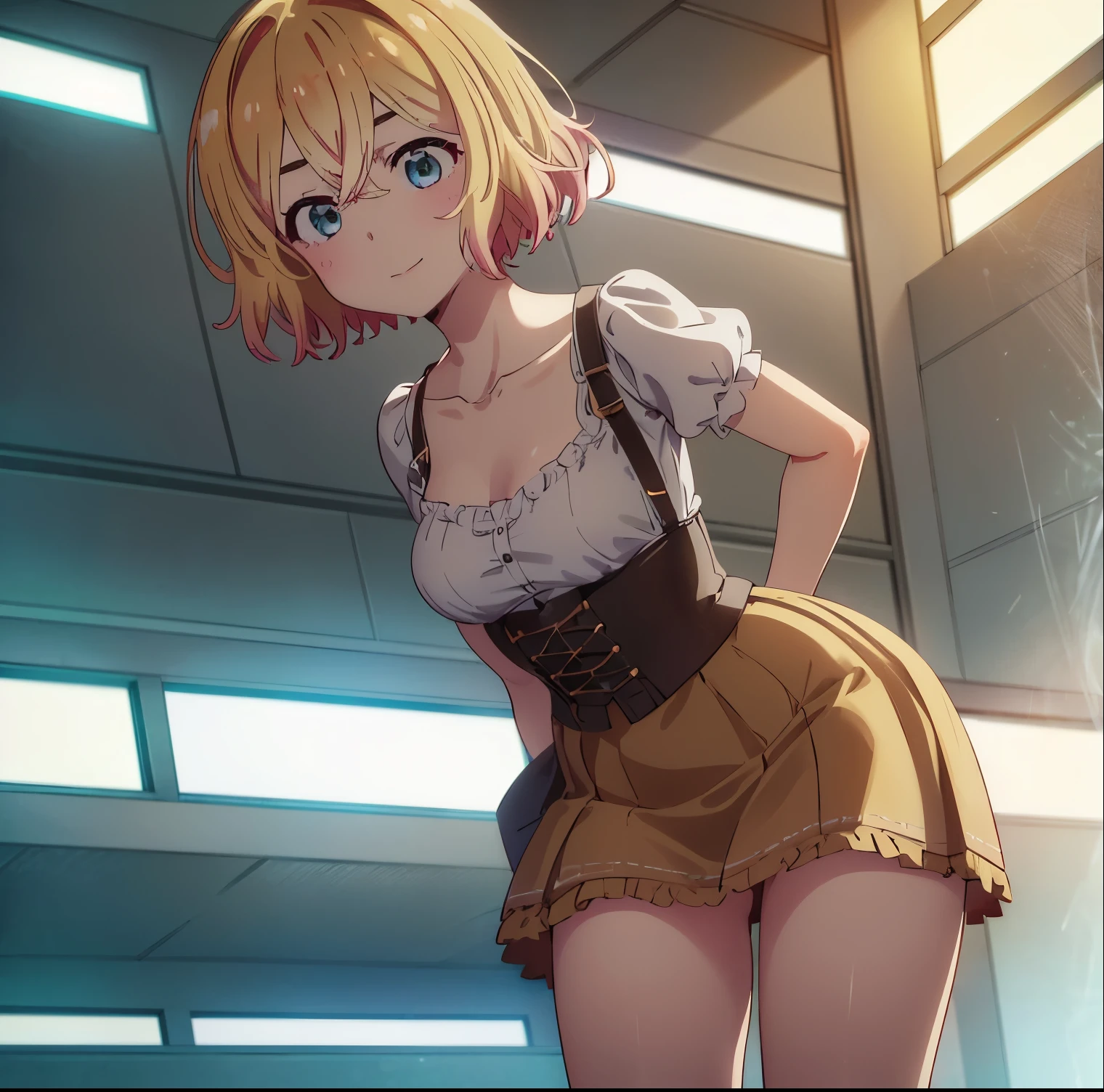 ((1girl)),((alone)), mami nanami, ultra detailed, sharp focus, detailed background, detailed eyes, masterpiece, dynamic posture, curvy body, perfect fingers, cowboy shot, hands on waist, looking at spectator, short hair, aqua eyes, blonde hair, hair between the eyes, medium breasts, narrow waist, wide hips, wide thighs, round butt,((brown skirt with beige details, short skirt, shirt, collarbone, white shirt, cleavage ,short sleeves, green ruffles, brown loafers, socks, white socks, corset)), ((solo)),((standing, outdoors, cityscape, Japanese city, good lighting, mild climate)), sideways, blush, seductive expression, smile ,mouth closed, dutch angle, looking back, from behind,((focus on butt)),pov(from below), perfect anatomy,perfect hands