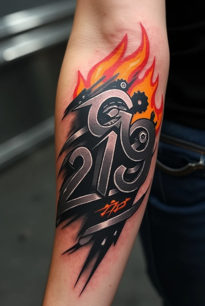 Simplified tattoo number 219 in a mechanical racing style with speed effect and flame for forearm