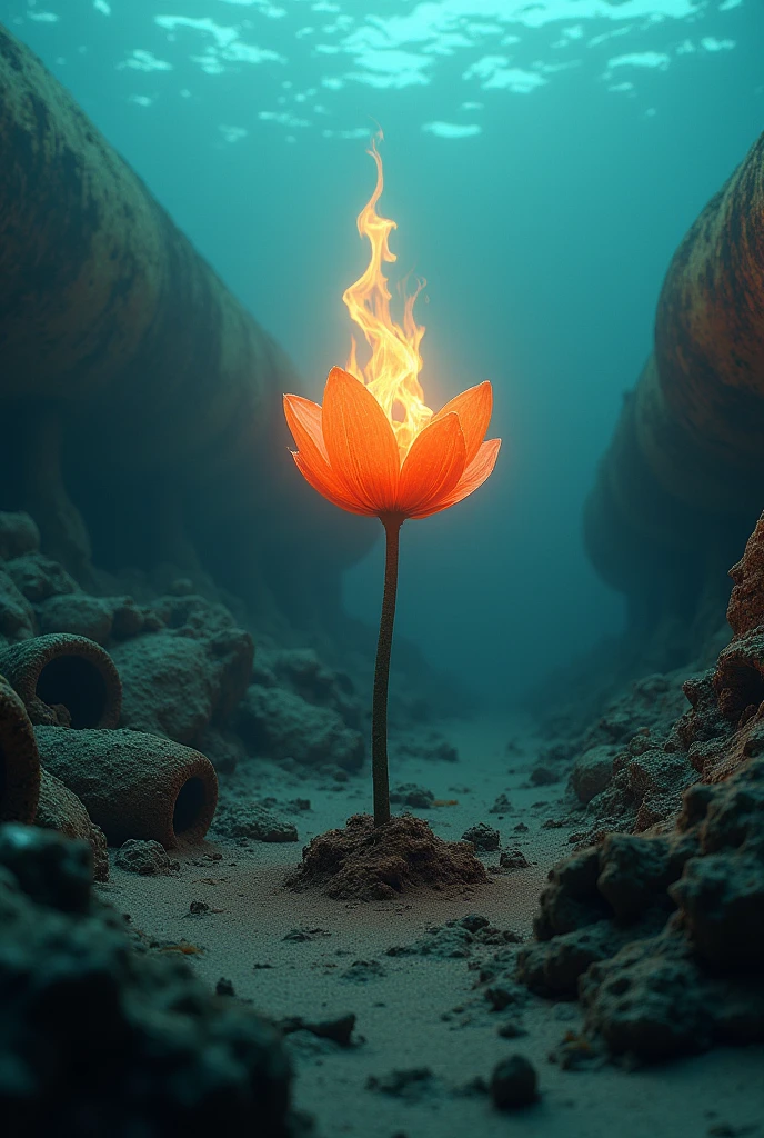 There are wrecked submarines and 1 burning flower