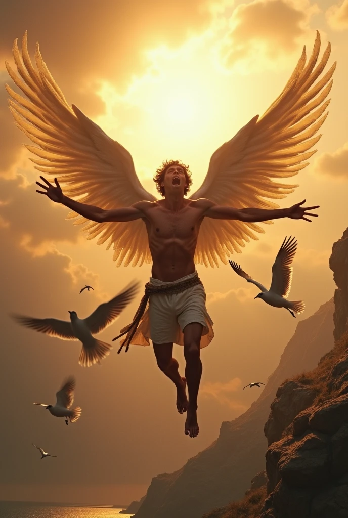 The flight of Icarus burning his wings close to the sun With some birds close to him and Greece in the background