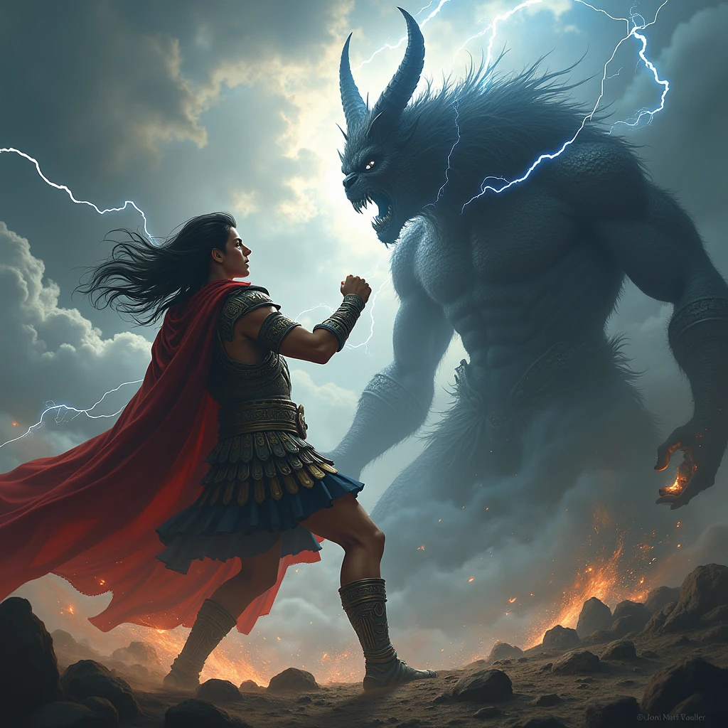A young Roman with a scary dark face and long hair and the power of thunder who is fighting a great legendary demon