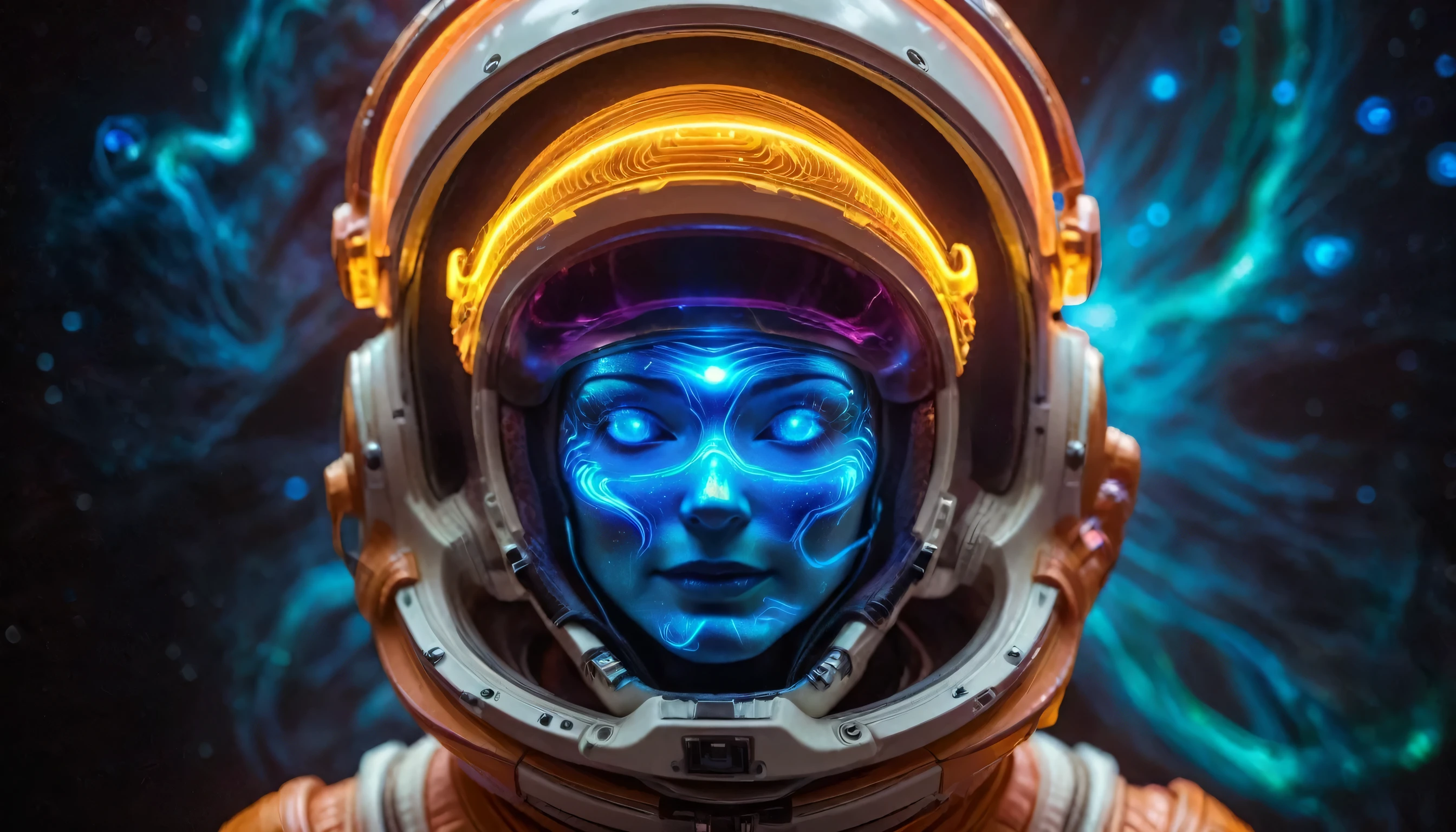 a close-up photo of an female astronaut in a glowing suit made of plasma, as if the galaxy is inside of it, putting on their helmet, but you can hardly see the face because of the visors bright plasma light, realistic, film stock, bright colors.