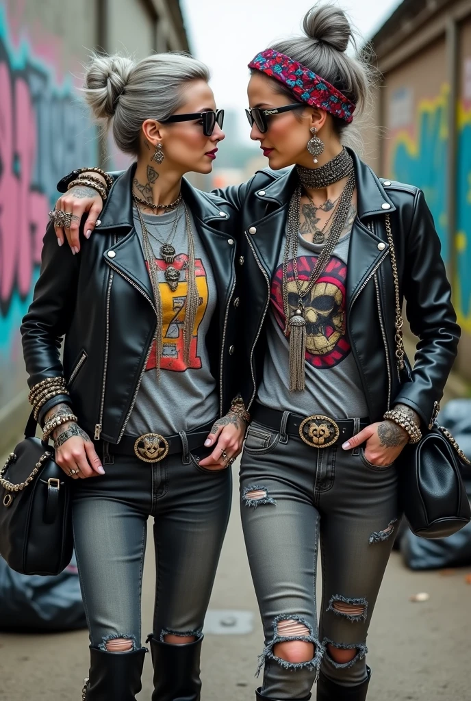 Two russian milf women,  one with the arm over the shoulder of the other (who feels a bit dizzy). grey hair (one: bouffant, top bun. The other, straight and middle part}and one wearing oversized square sunglasses and wide  colourful bandana as headband), with very light green eyes, extremely pale. Big lips. No tan. Wearing aged black moto jacket (zippers on the side, skull and bones pins).  Both: different old worn grey t-shirt with rock band logo. Both,, dark skinny low rise grey jeans with holes on knees ( patched with colourful fabric). Both:,  dark grey worn jeans {with holes on knees) tucked in black leather knee high boots. . Lots of thick wide studded bracelets, chain collars and big rings. Both, high boots. Tacky wide studded leather belt with big skull and bones oval buckle. Long earrings with chains and feathers. Walking with hands in pockets, stretching her neck, craving., Neck, chest, stomach and wrists heavily tattoed. Toned abdominals, thin neck, slim legs and thin arms. Narrow hips and slim legs.  Black leather studded tote bags. Graffitied wall behind, waste on the groun and piled garbage bags around.