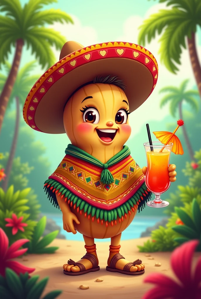 Cartoon peanut with Mexican clothes and a Jamaican-flavored water
