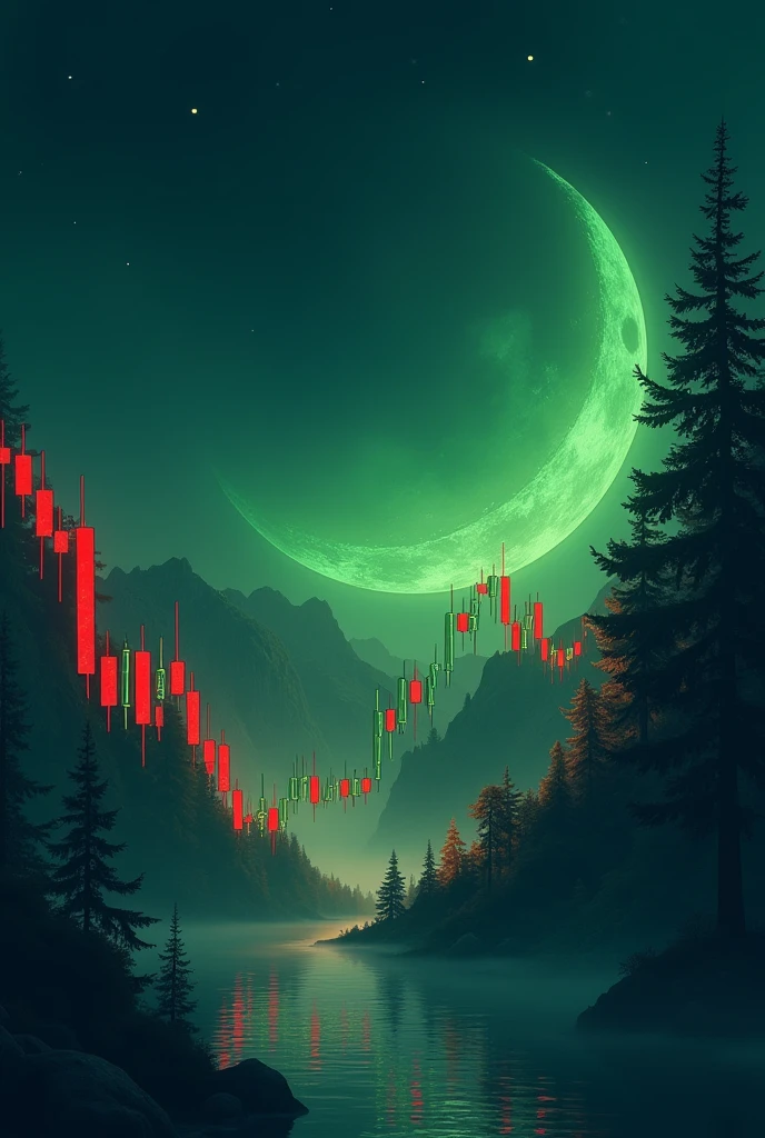 Green and red candlestick charts with a moon background saying YOU TRADER