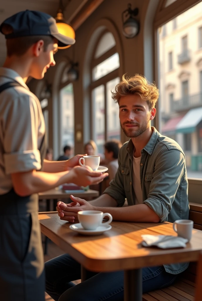 Disney image a boy blonde with a little beard, walking down the street with an average body He is sitting in the cafe the waiter comes and takes the order 3D photos