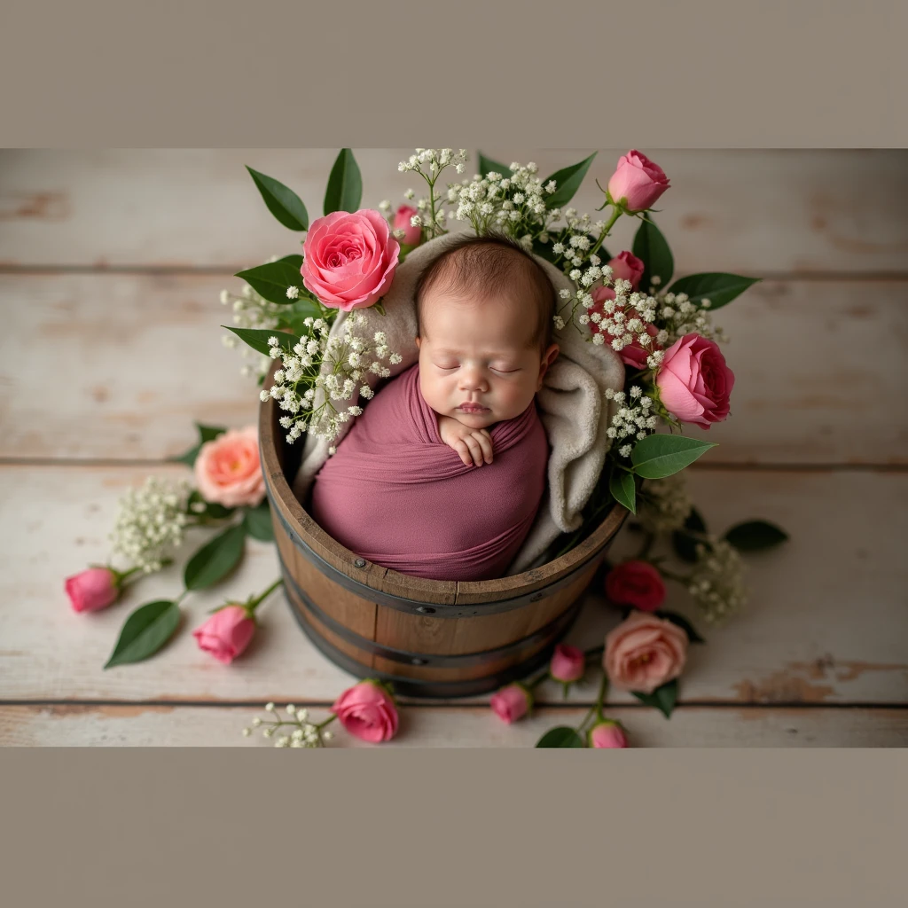 arafed baby in a bucket surrounded by flowers on a wooden floor, wrapped in flowers, wrapped in cables and flowers, wrapped in flowers and wired, covered with flowers, girl in a bed of flowers, covered in flowers, draped in velvet and flowers, bed of flowers on floor, flower child, cozy studio photography, she is in pure bliss, alexa grace
