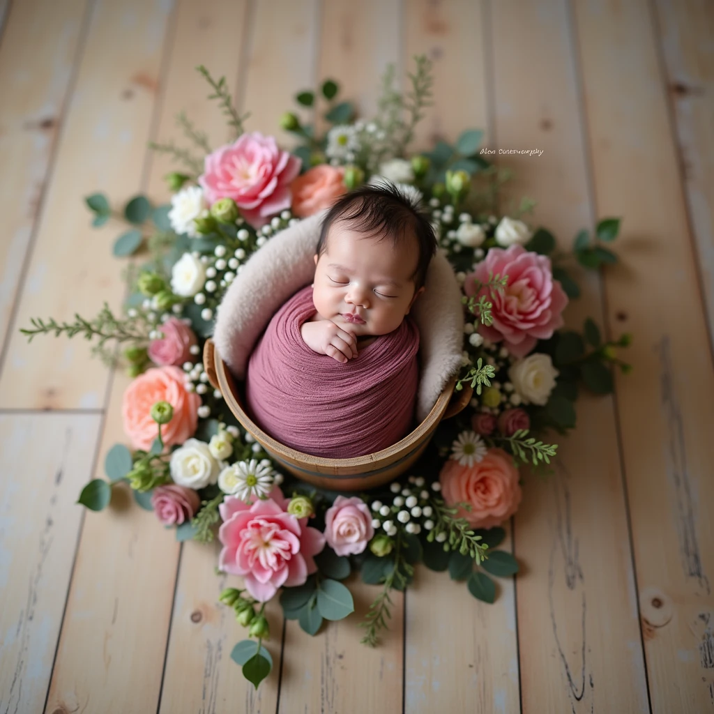 arafed baby in a bucket surrounded by flowers on a wooden floor, wrapped in flowers, wrapped in cables and flowers, wrapped in flowers and wired, covered with flowers, girl in a bed of flowers, covered in flowers, draped in velvet and flowers, bed of flowers on floor, flower child, cozy studio photography, she is in pure bliss, alexa grace