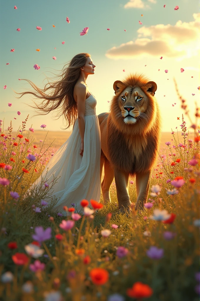 Woman in a field of flowers with a lioness