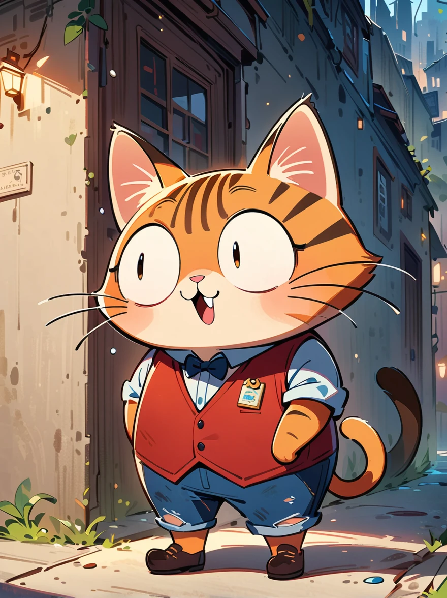 2d a tall adult male cat teacher, dressed as a vest teacher, 2d cartoon style, full body, solo, whimsical, adorable, masterpiece, 8k, cinematic lighting, award-winning digital art